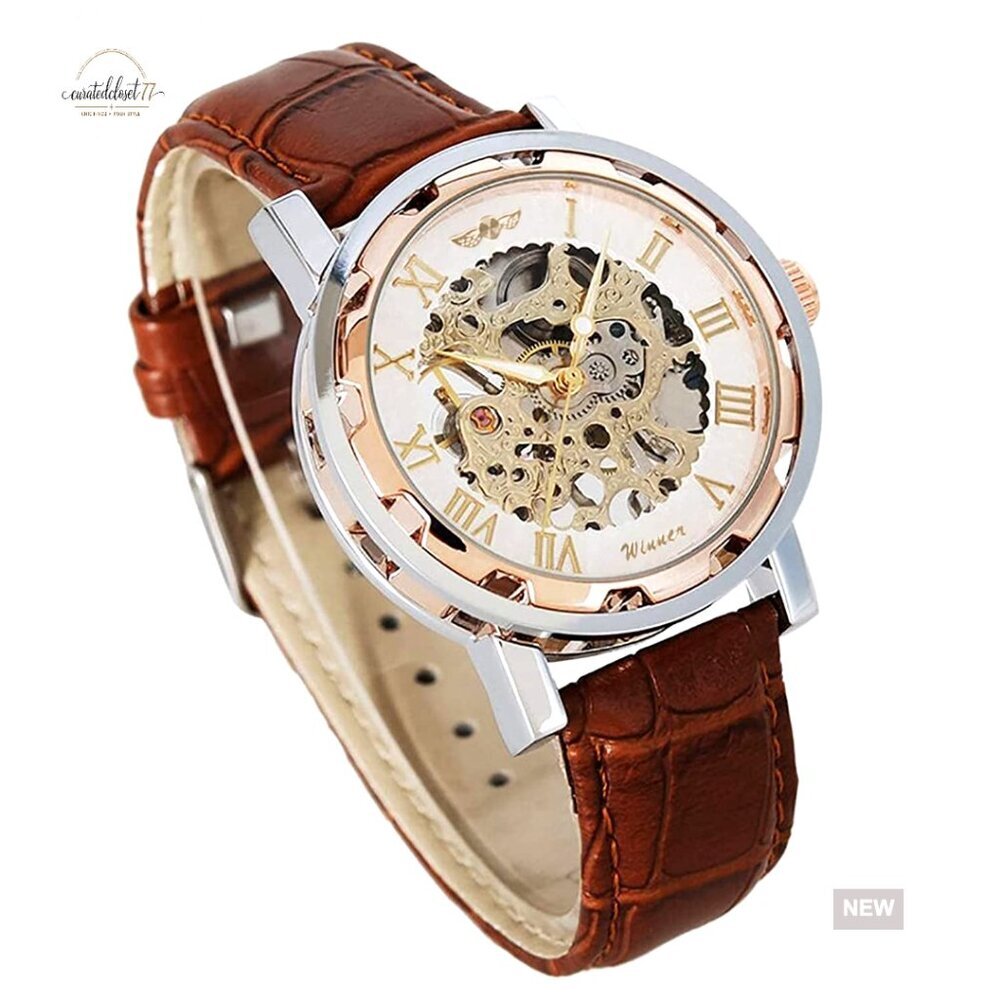 Mechanical Skeleton Steampunk Watch Hand-Wind Roman Numeral Unisex Dress